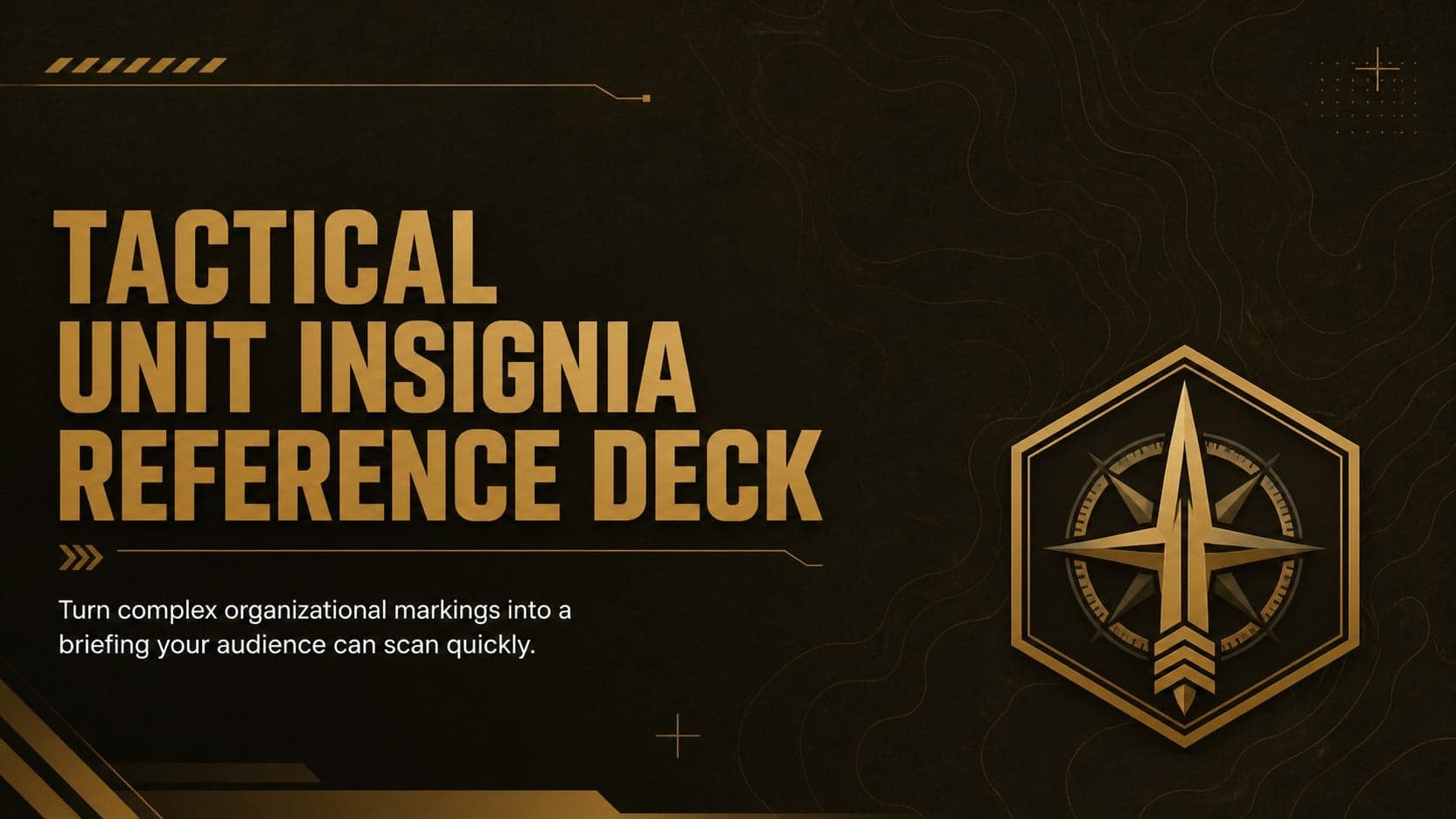Cover of the Tactical Unit Insignia Reference Deck with gold linework and an abstract command emblem on a dark brown background.