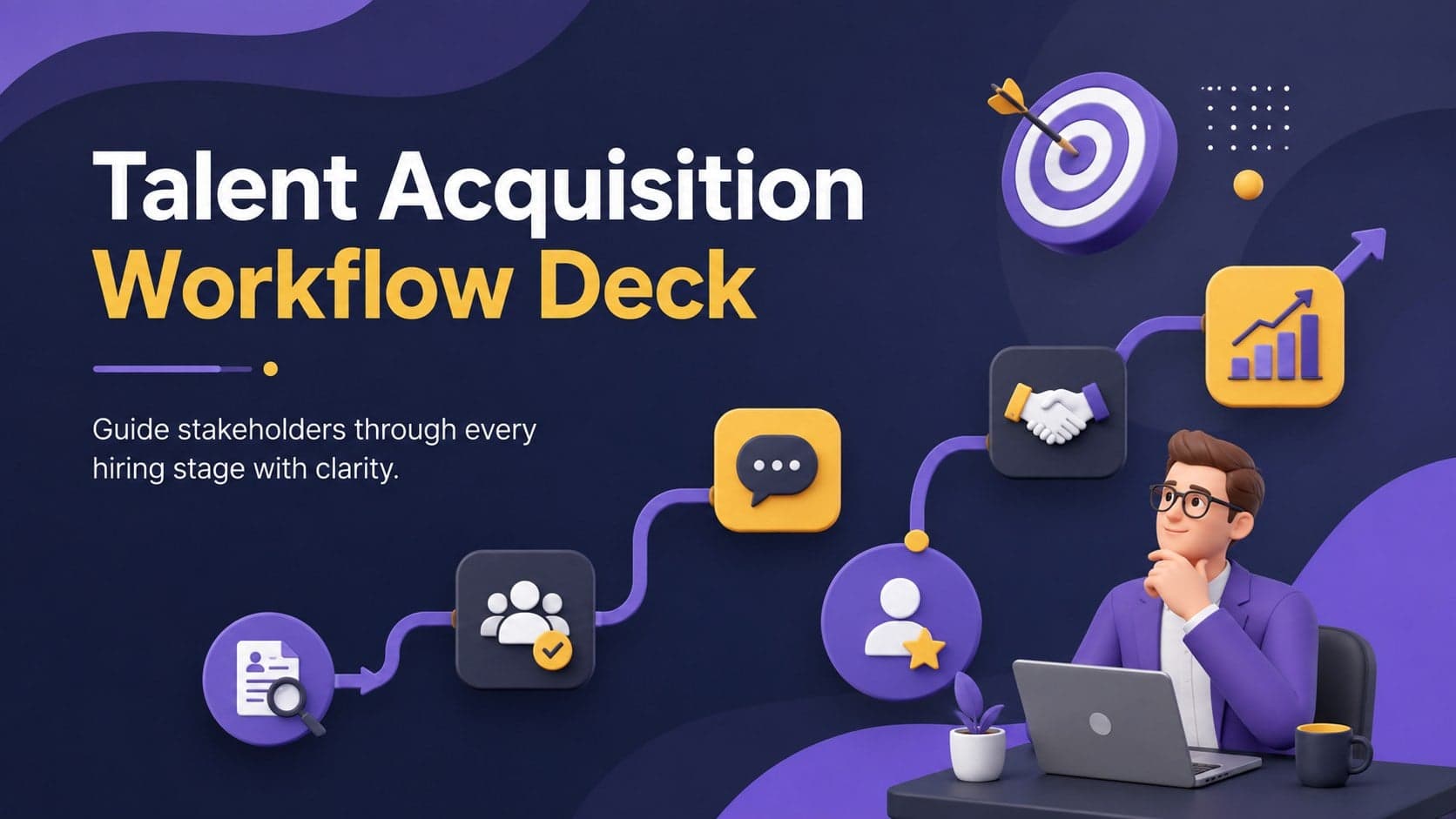 Cover of a talent acquisition workflow deck with modern 3D recruitment graphics in purple, yellow, and dark blue.