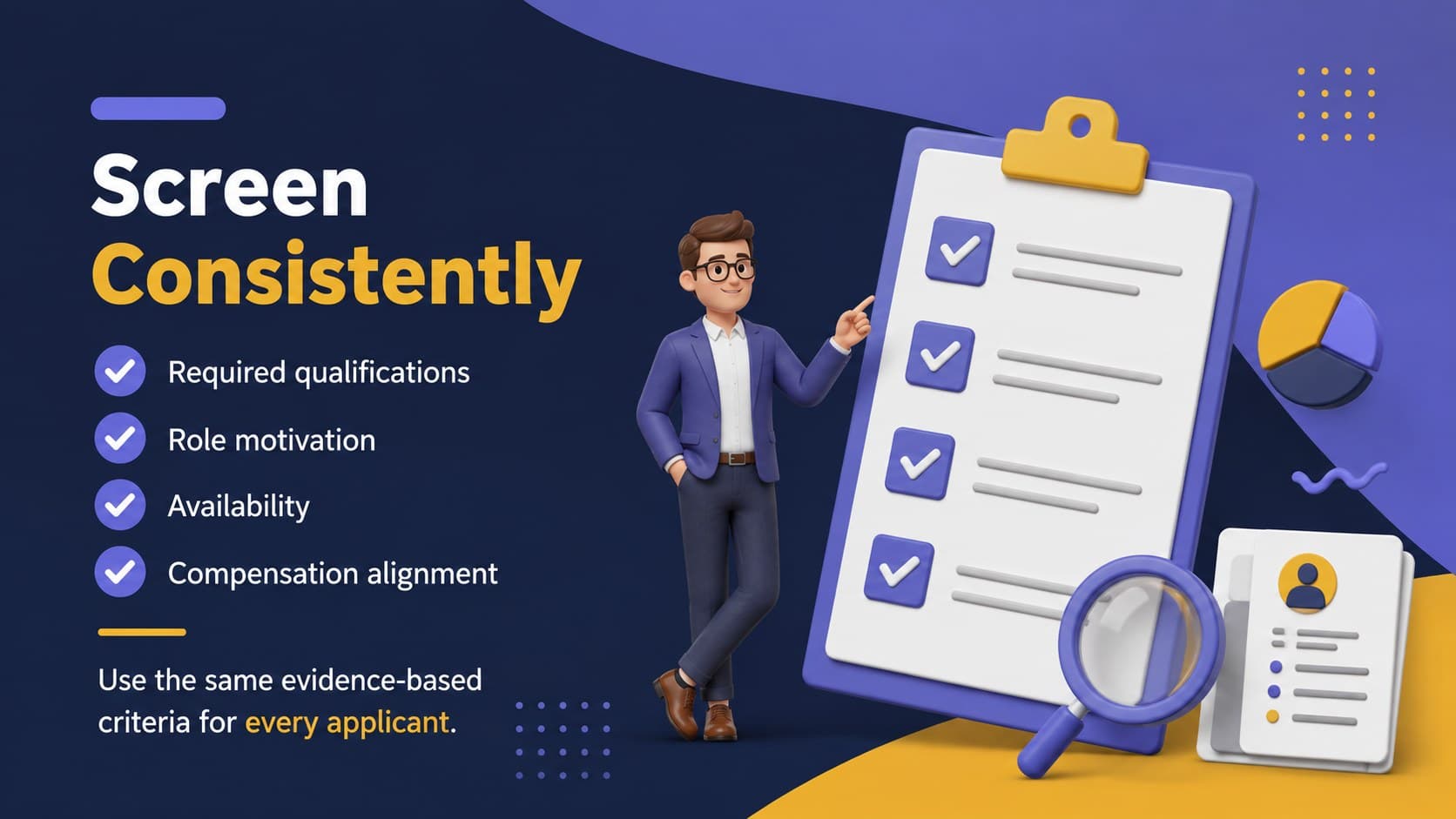 Candidate screening slide with a structured checklist for qualifications, motivation, availability, and expectations.