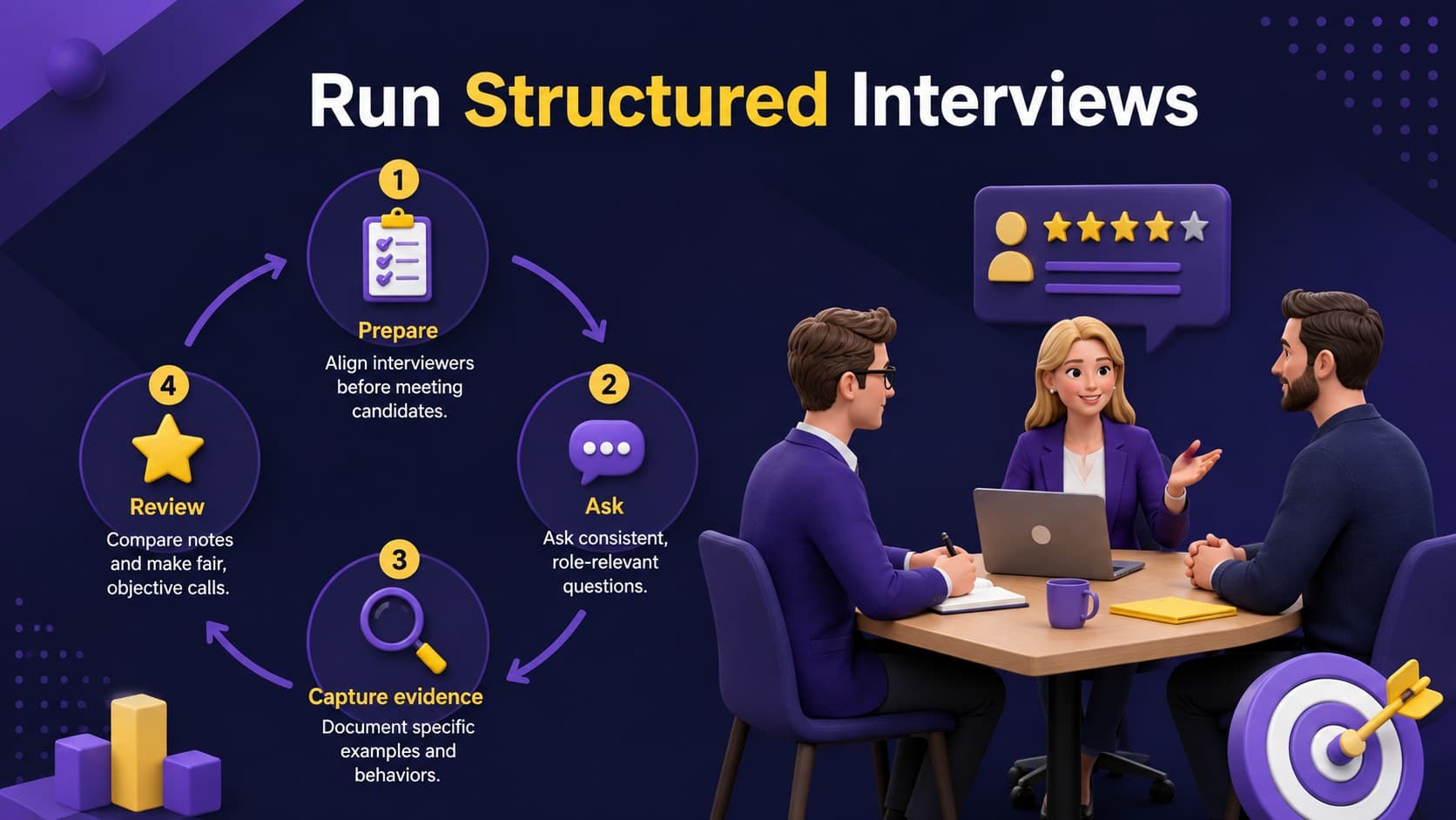 Interview workflow presentation showing preparation, structured questions, evidence capture, and panel review.
