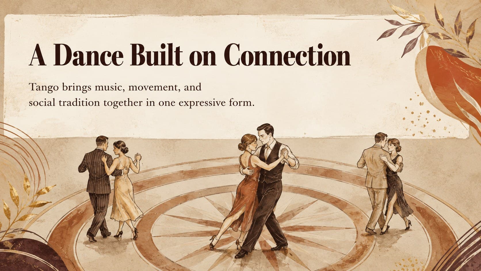 Vintage tango history presentation slide introducing the dance through music, movement, and community.