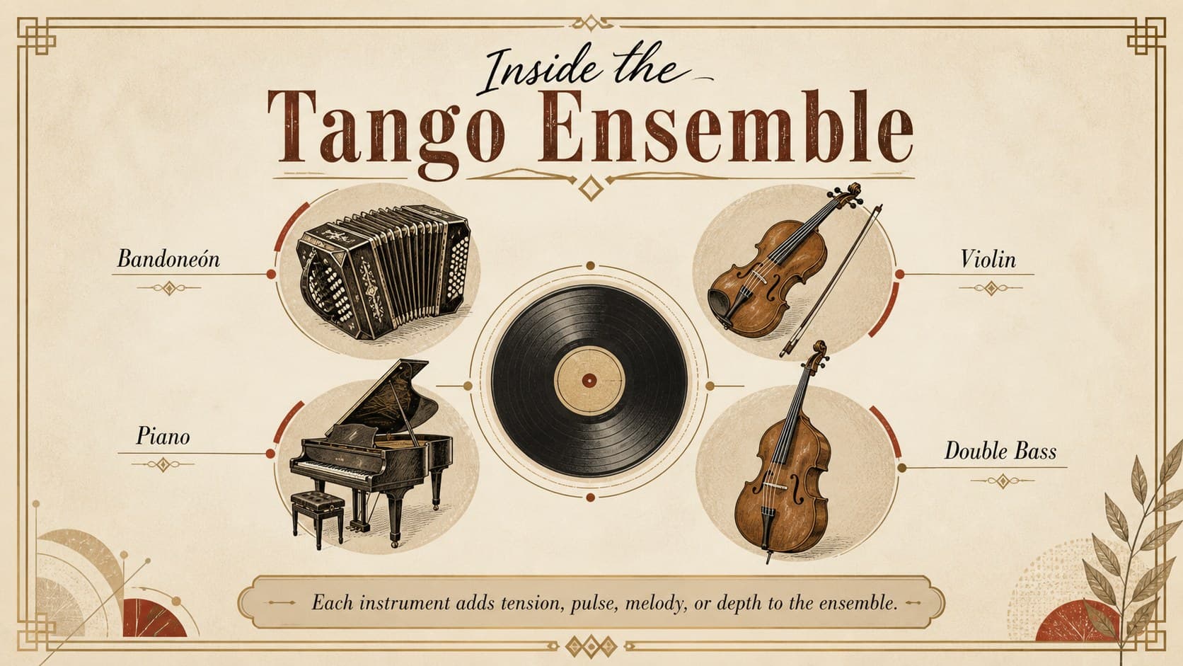 Vintage tango presentation slide featuring bandoneón, violin, piano, and bass instruments.