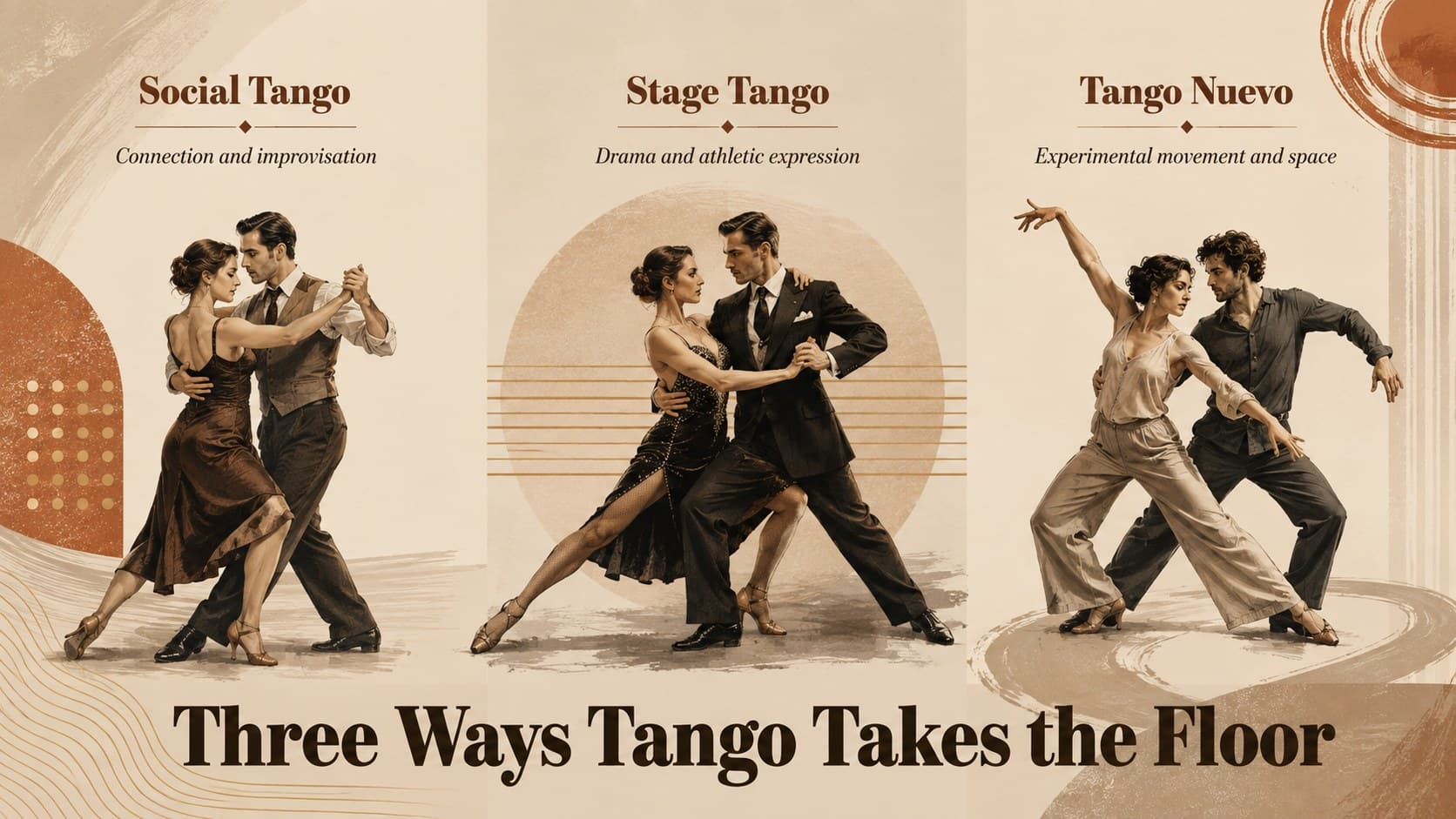 Argentine dance culture slide comparing social, stage, and nuevo tango styles.