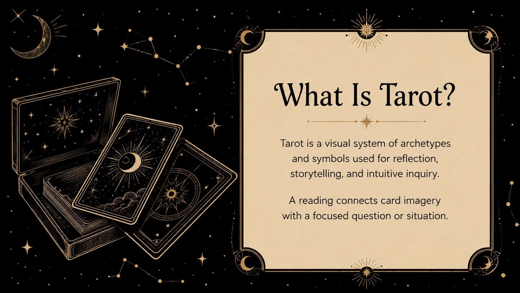 Beginner tarot lesson slide explaining tarot as a reflective system built around imagery and intuition.