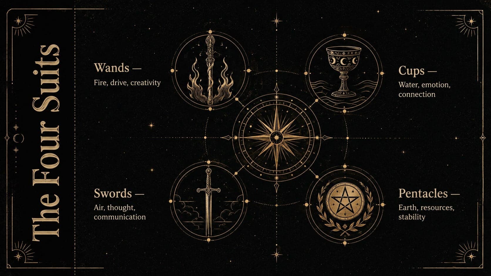 Tarot workshop slide showing the four suits and their elemental associations.
