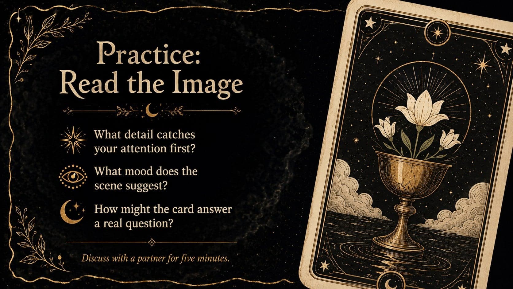 Interactive tarot class activity slide with observation and interpretation prompts for paired practice.