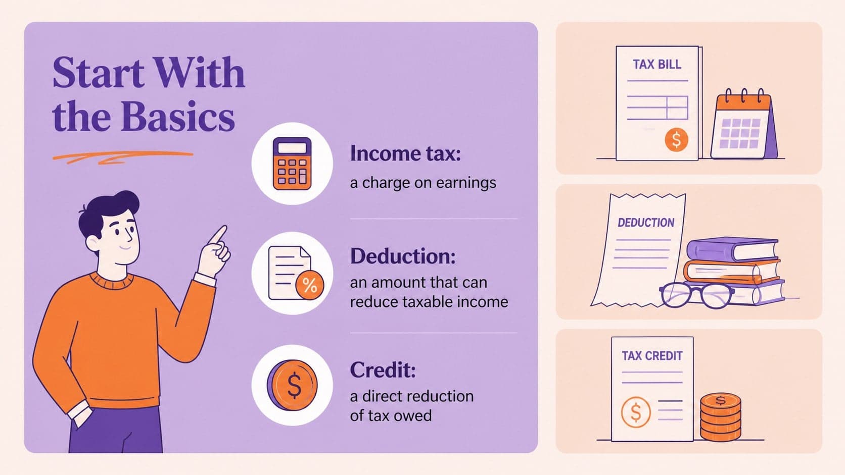 Tax concepts presentation slide defining essential terms with colorful illustrated document motifs.