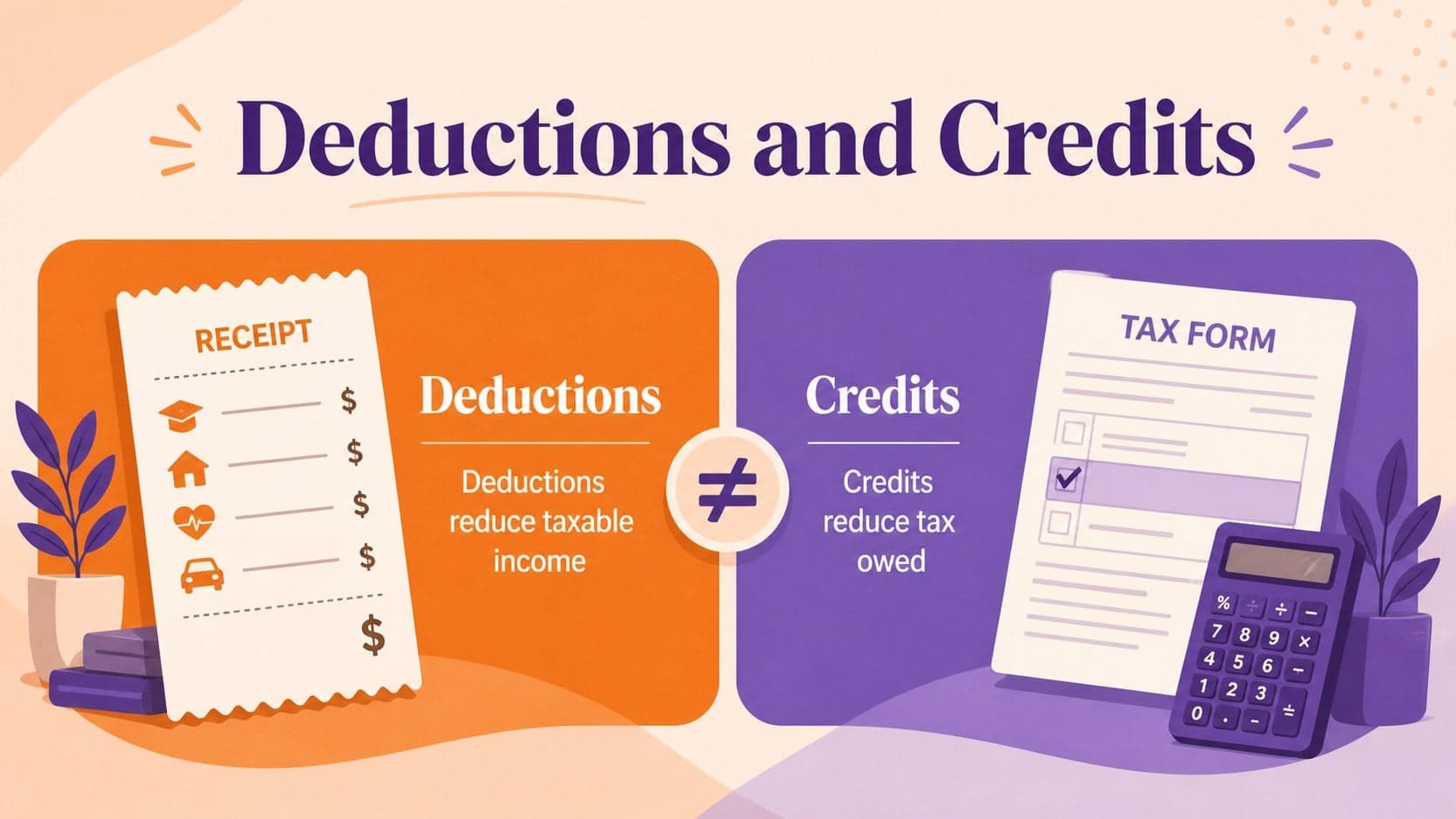 Tax concepts presentation slide comparing deductions and credits with illustrated accounting symbols.