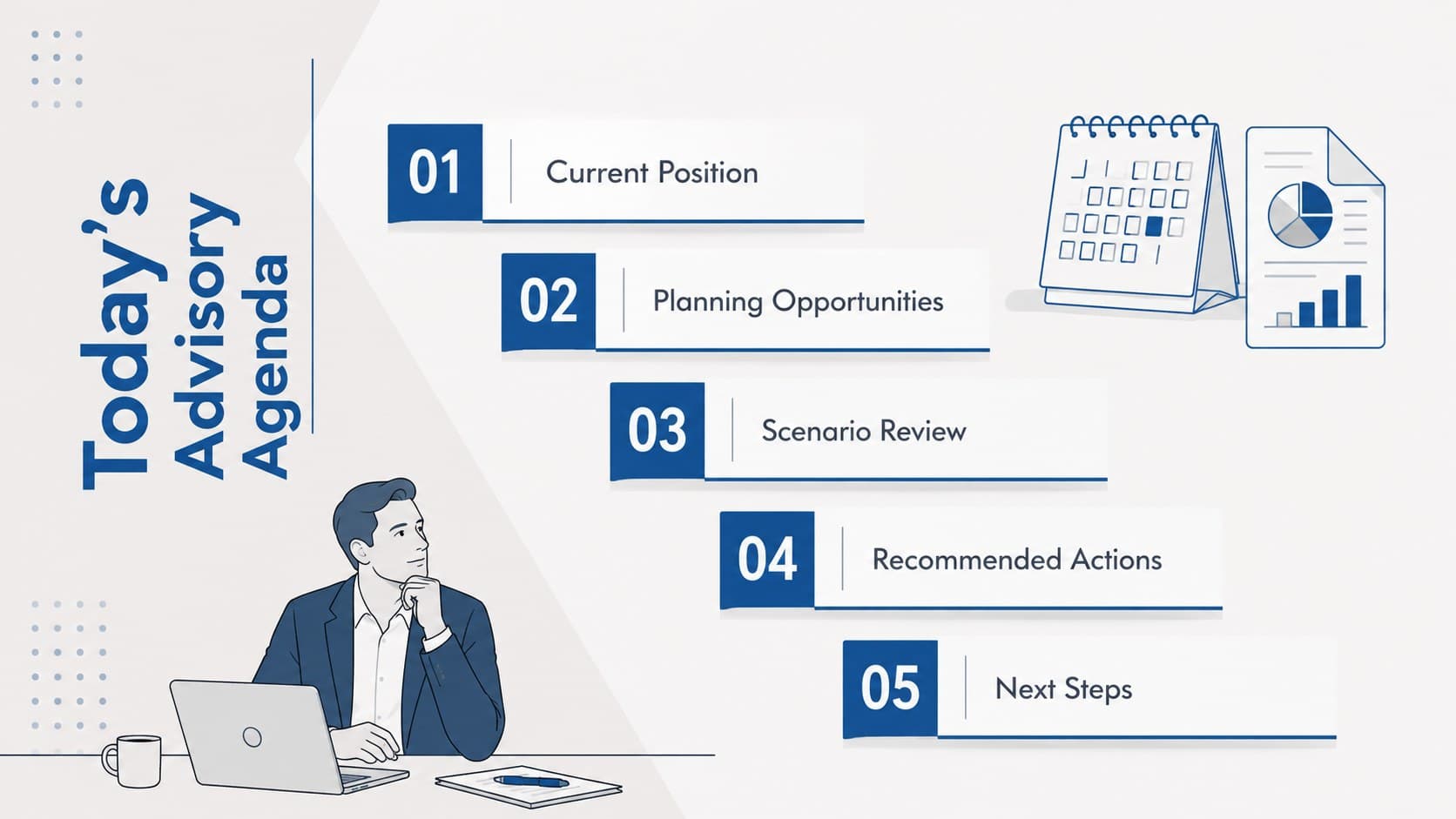 Tax advisory meeting agenda slide with five clearly organized planning topics.