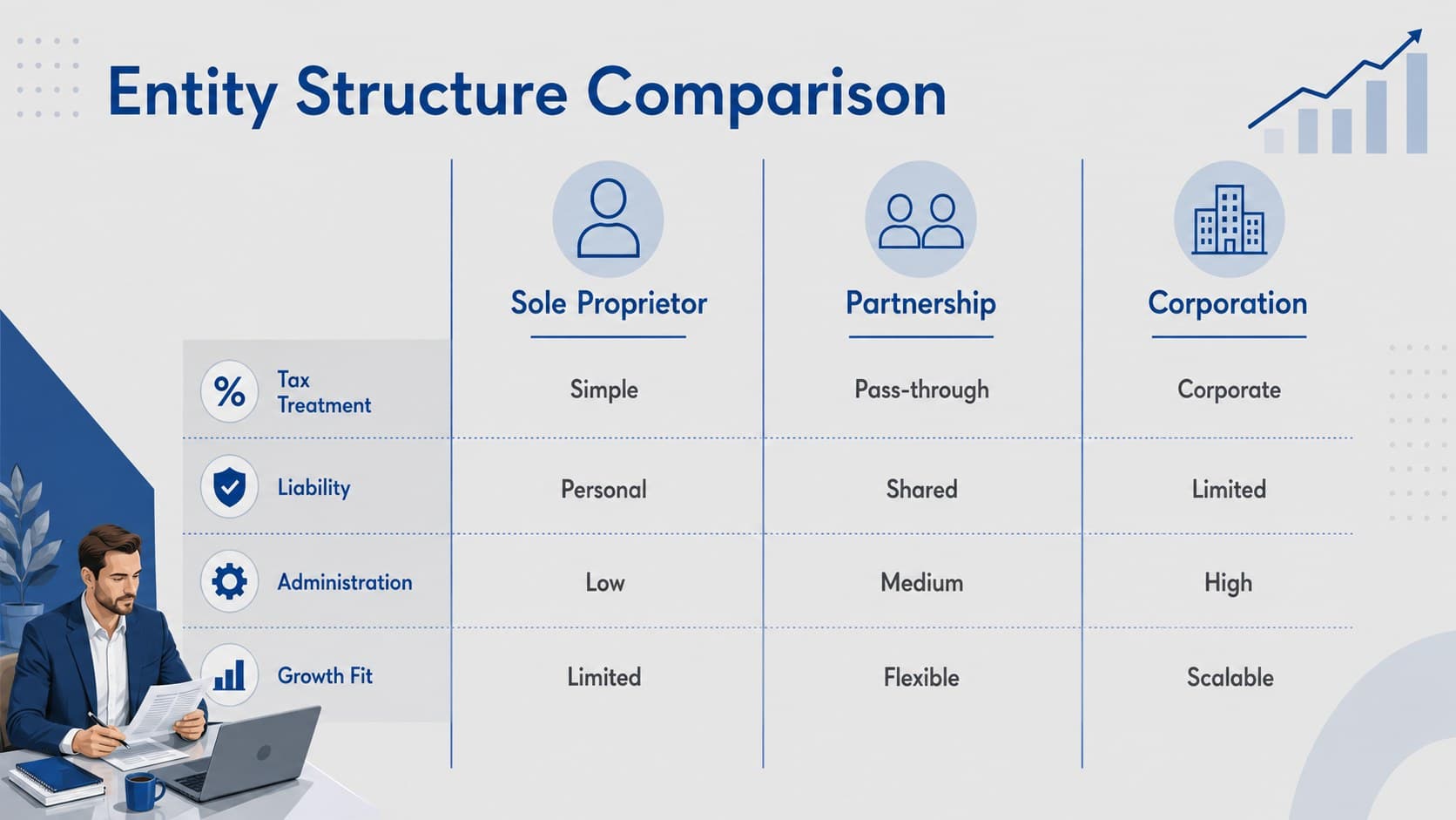 Business tax strategy slide comparing sole proprietor, partnership, and corporation structures.