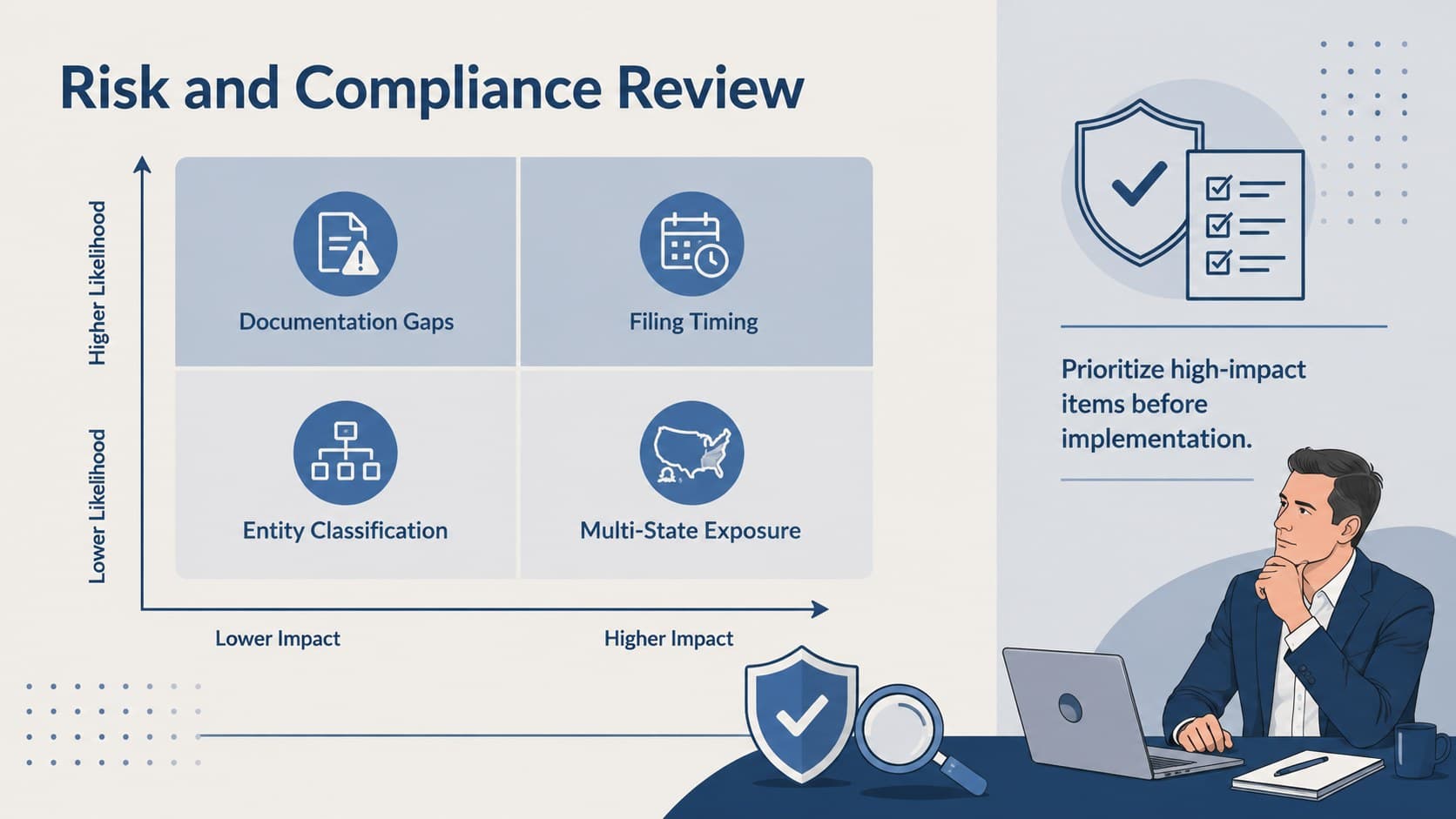 Tax advisory risk matrix assessing compliance exposure, documentation, timing, and complexity.