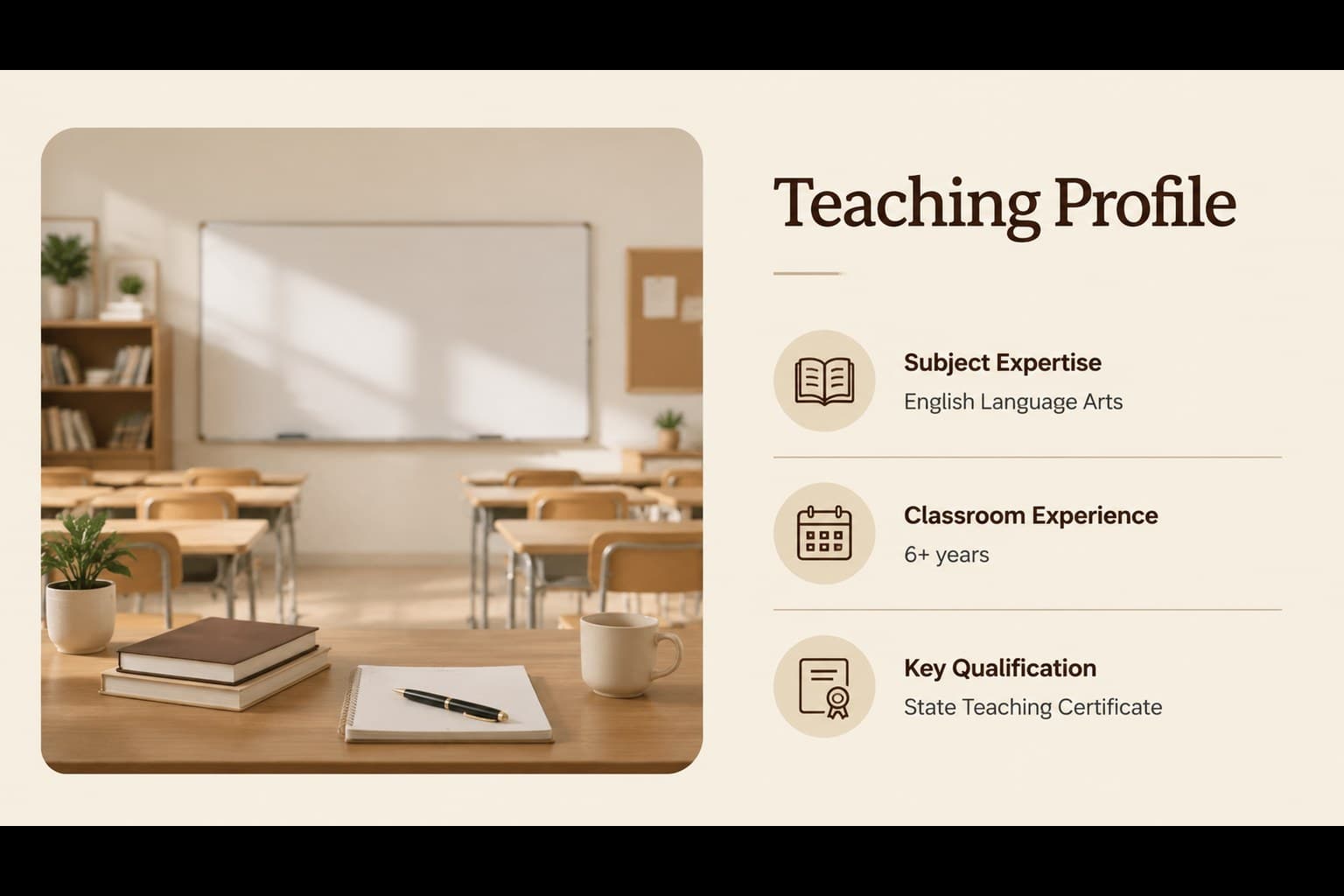 Beige educator profile slide showing teaching qualifications and classroom experience in an editable presentation layout.