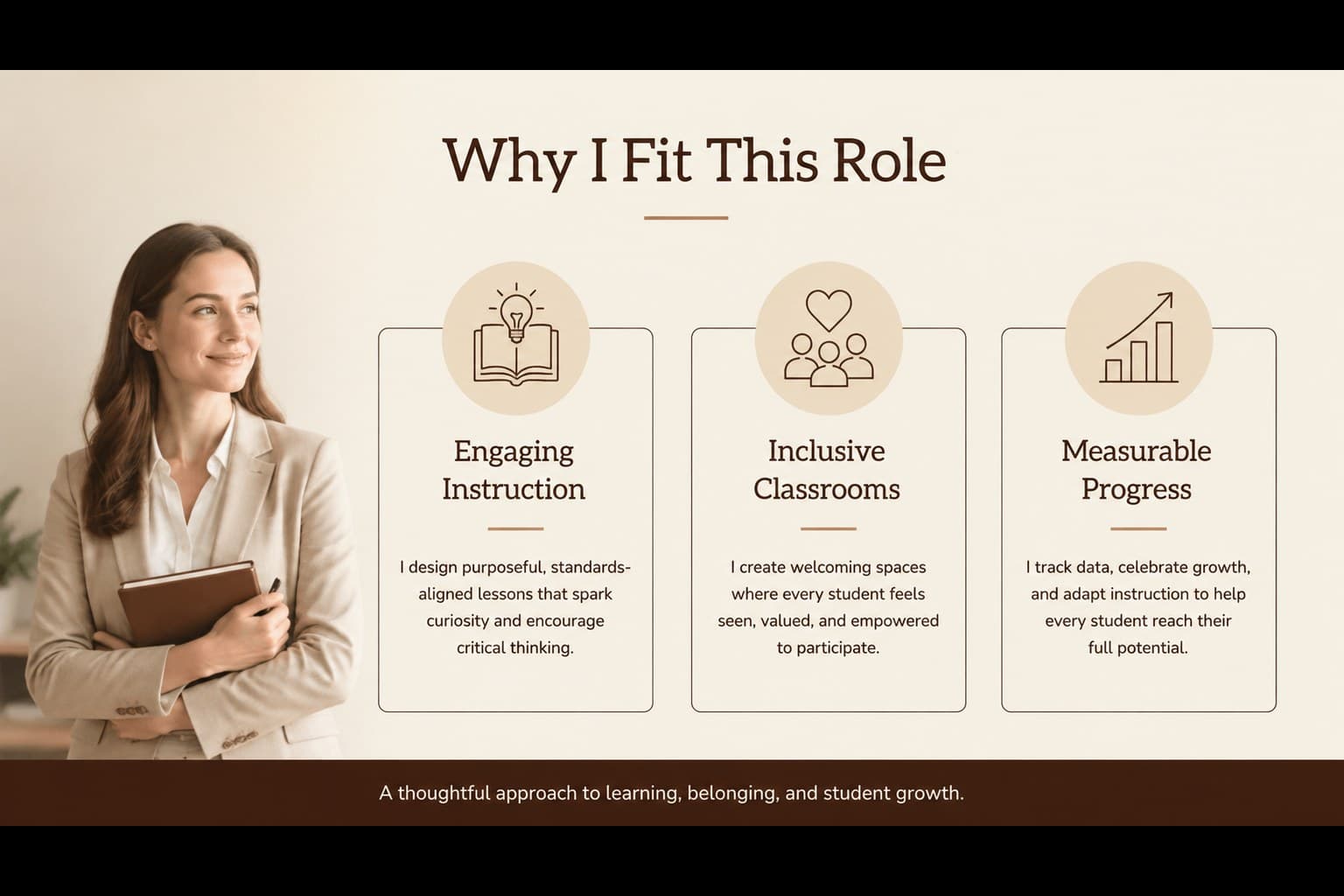Teacher job application presentation slide connecting teaching strengths with a school's needs in a neutral beige design.