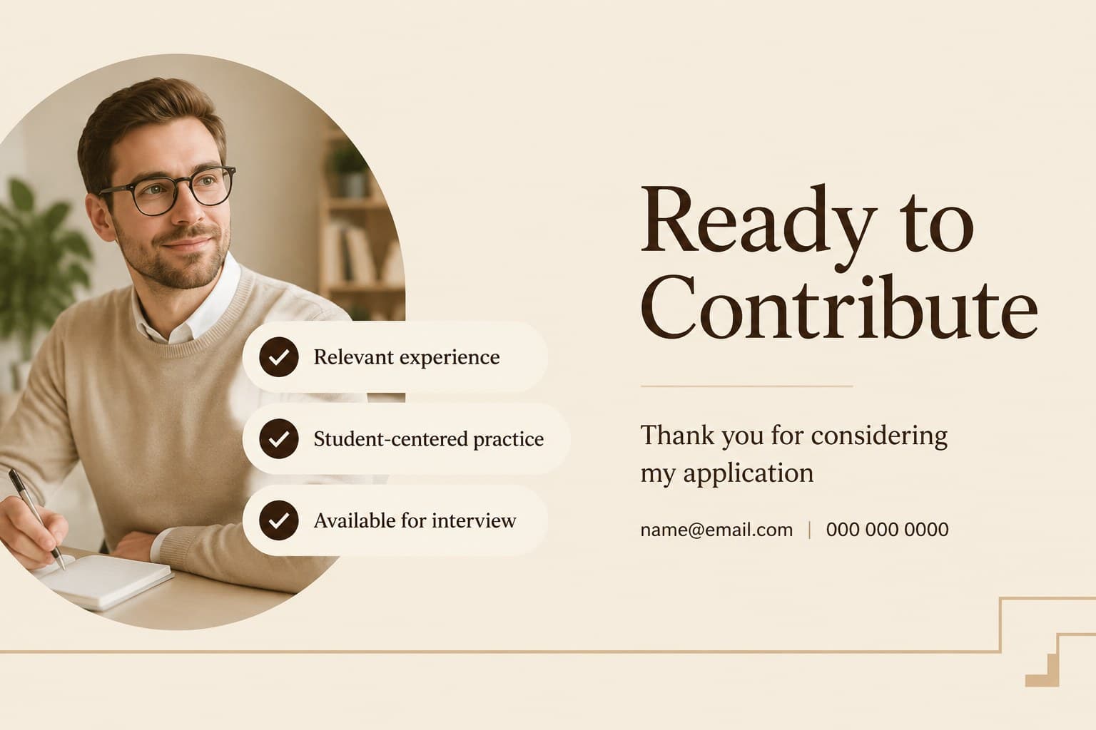 Professional teacher interview presentation closing slide with contact details and an invitation to discuss the role.