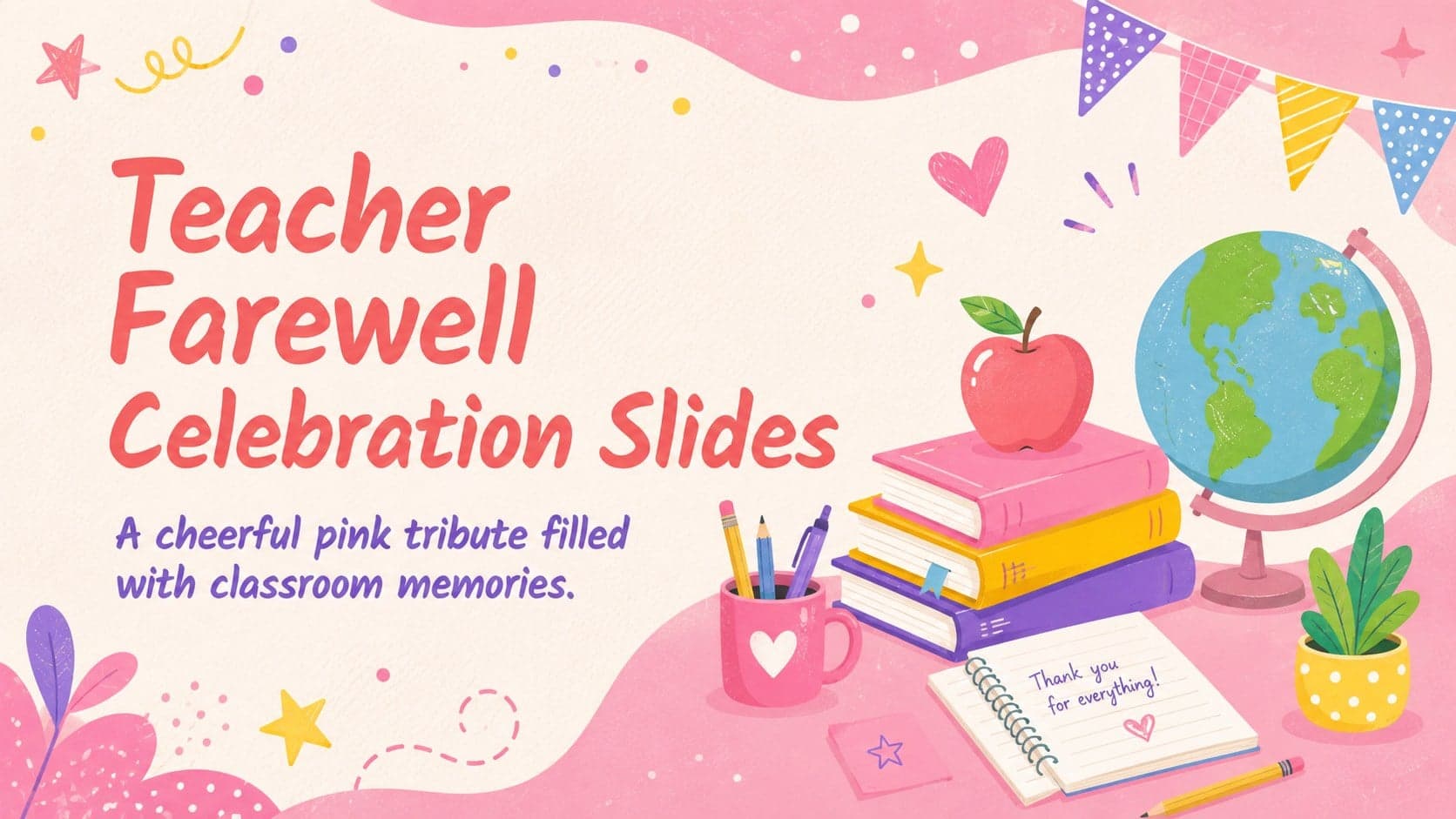 Cover for Teacher Farewell Celebration Slides with cheerful pastel pink school illustrations and a retiring educator tribute.