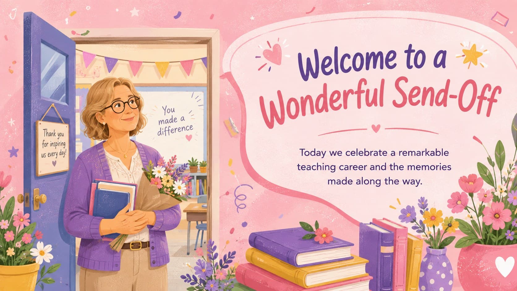 Pastel pink welcome slide introducing a teacher retirement celebration with an illustrated school setting.