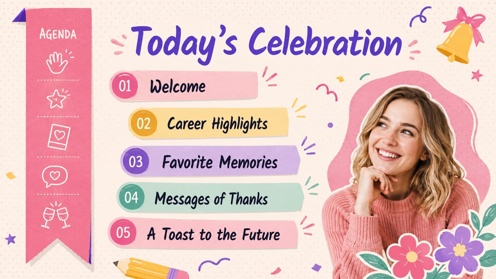 Teacher farewell event agenda arranged in a playful pastel pink illustrated layout.
