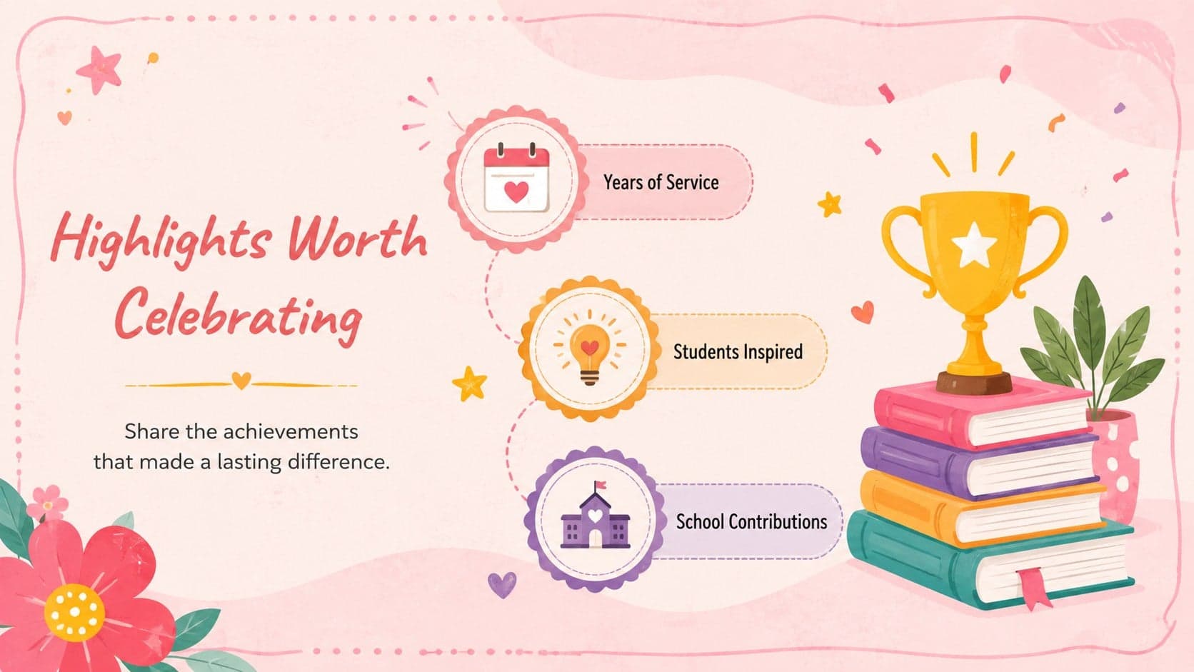 Career highlights slide showcasing a retiring teacher's achievements with pastel pink badges and illustrations.