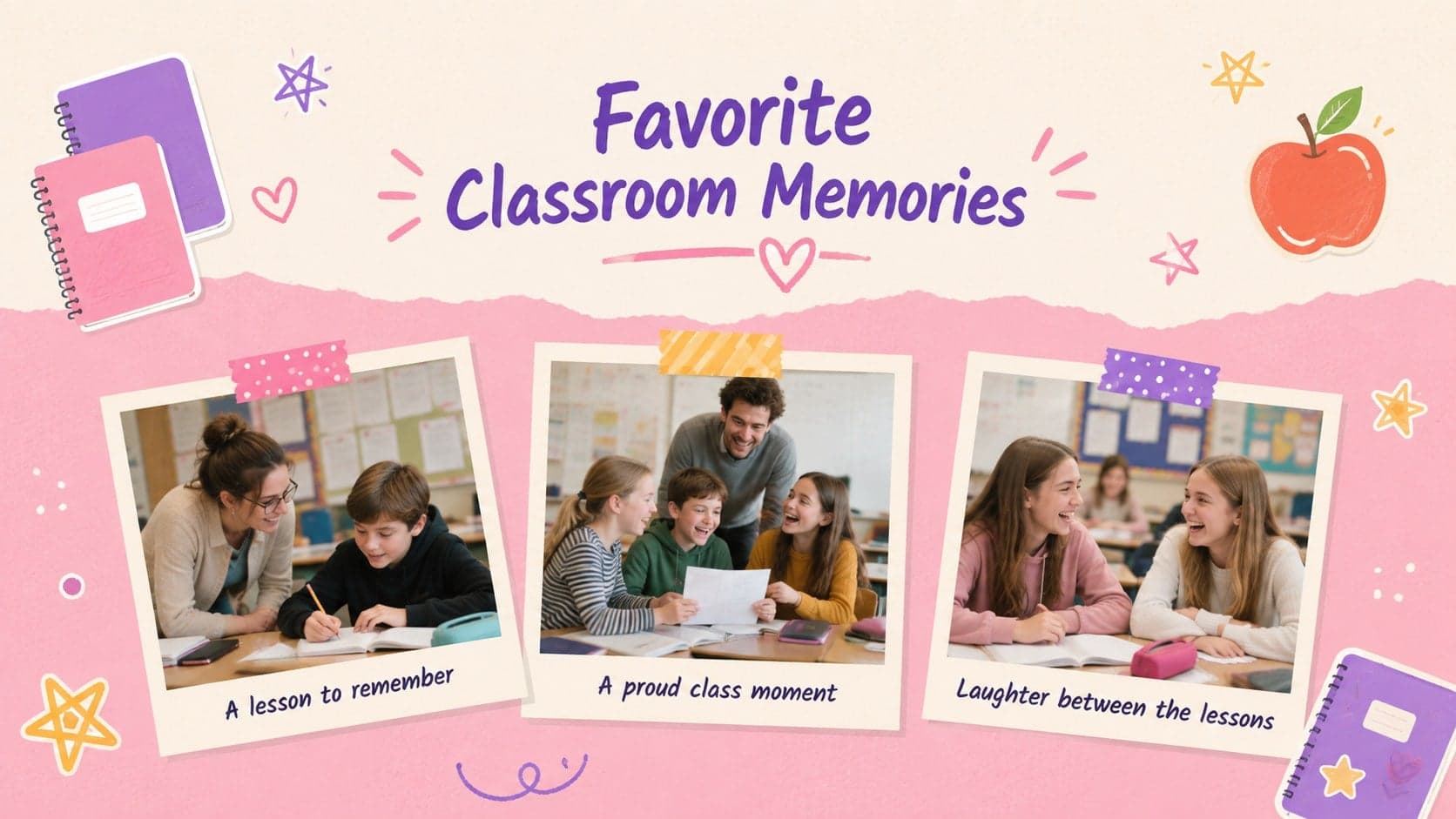 Favorite classroom memories slide with three photo spaces and cheerful pink school-themed decorations.