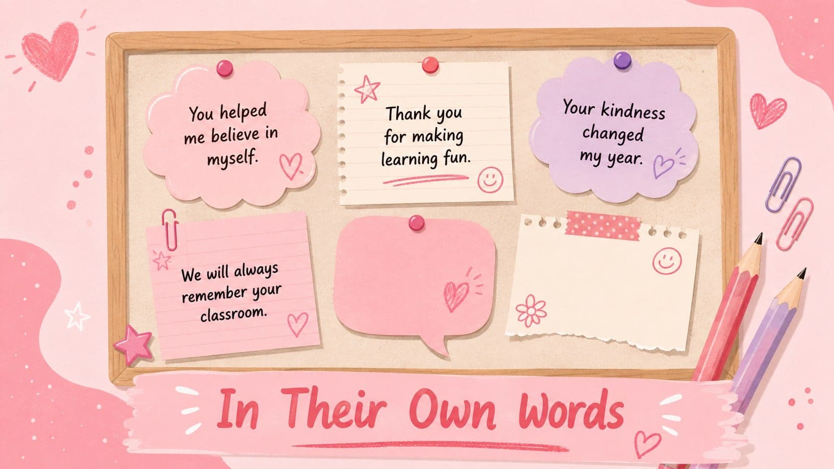 Student thank-you messages displayed as colorful notes in a teacher farewell celebration deck.