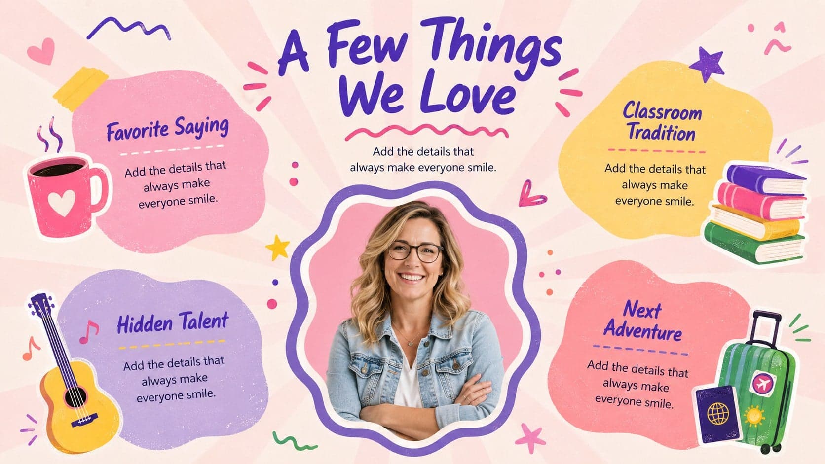 Fun facts about a retiring teacher presented in a bright illustrated pink slide layout.
