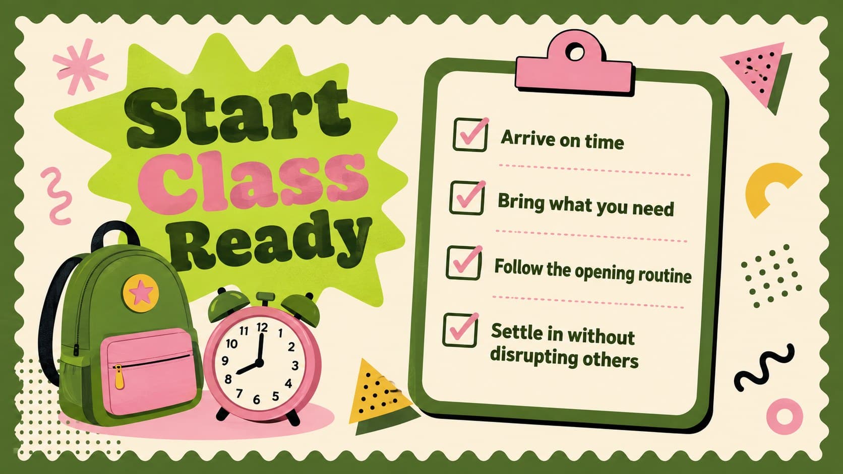 Green and pink middle school lesson slide presenting a before-class readiness checklist.