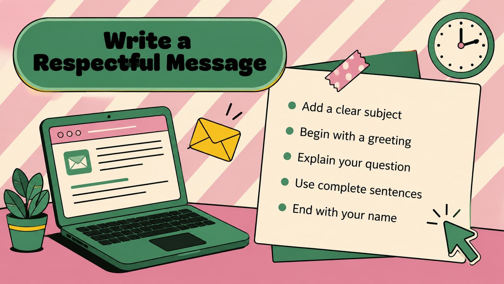 Colorful classroom communication slide explaining respectful digital messages to teachers.