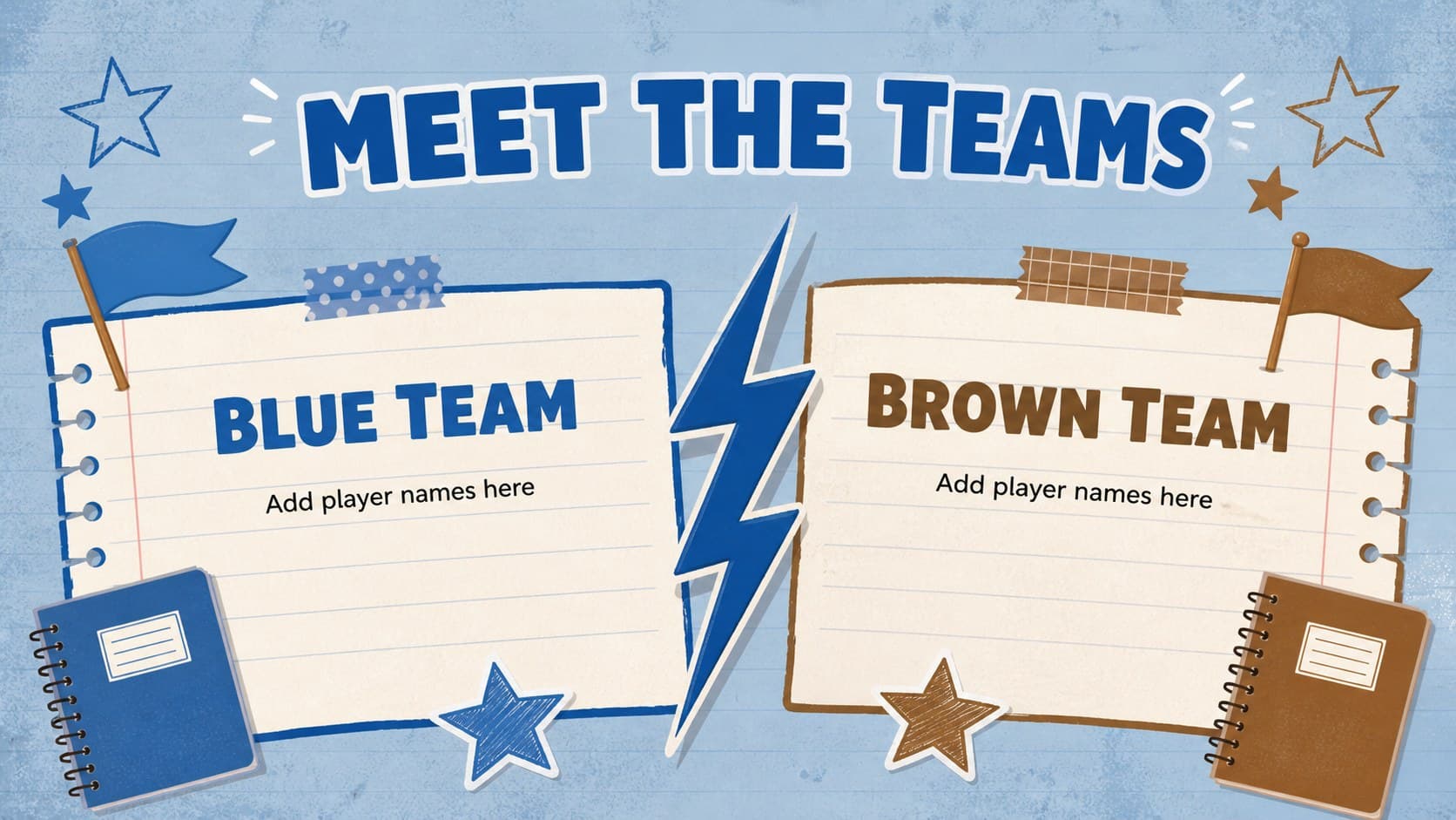 Team setup layout for a whole class review game with editable player names.