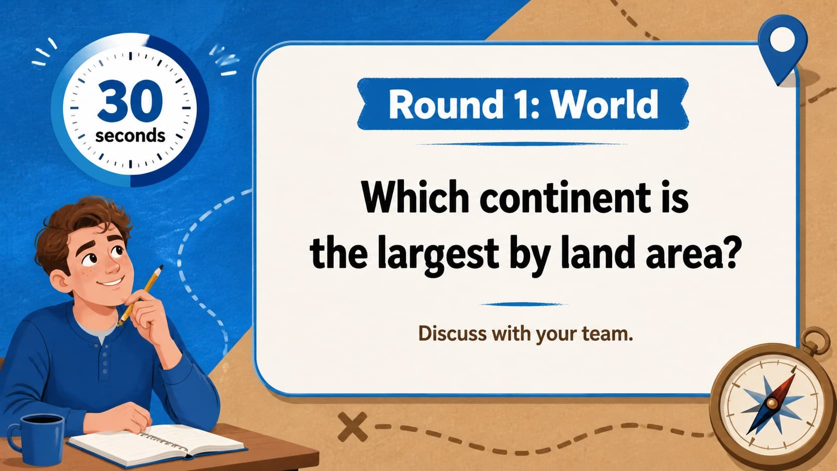 Question round from interactive teacher quiz slides featuring a geography prompt and timer.