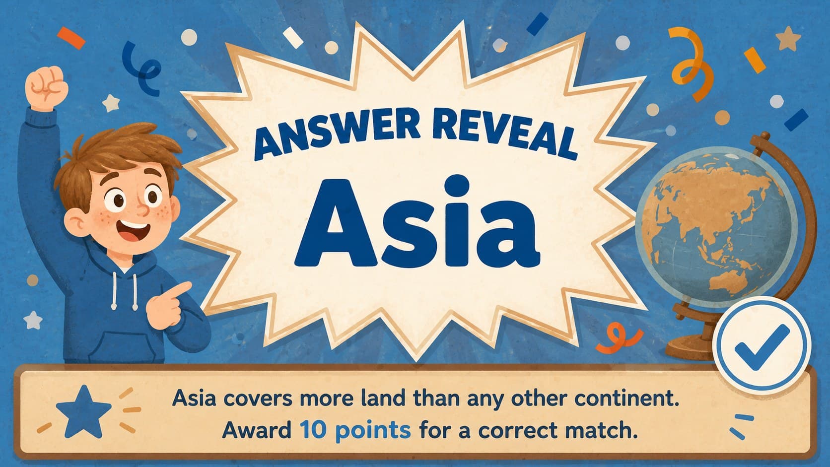 Answer reveal slide for an editable classroom team quiz showing Asia as the correct response.