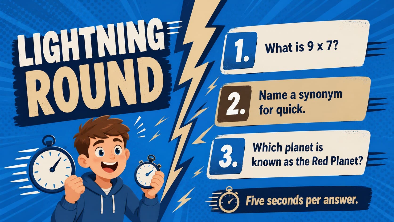 Lightning round page for a team based learning game with three rapid questions.