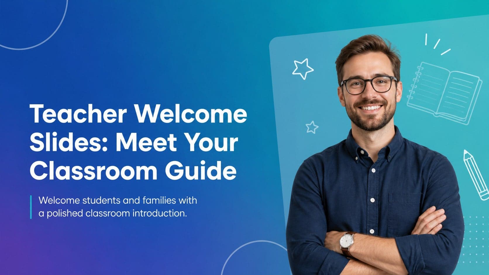 Cover slide for teacher welcome slides featuring a modern blue, green, and purple classroom introduction design.