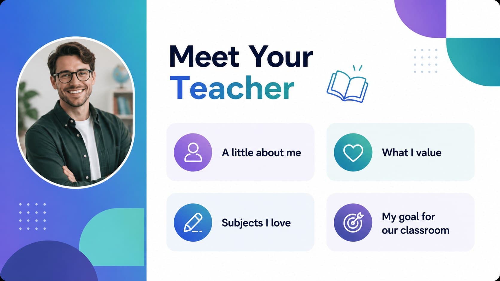 Educator profile slide in a teacher welcome presentation showing space for a biography, teaching philosophy, and personal details.