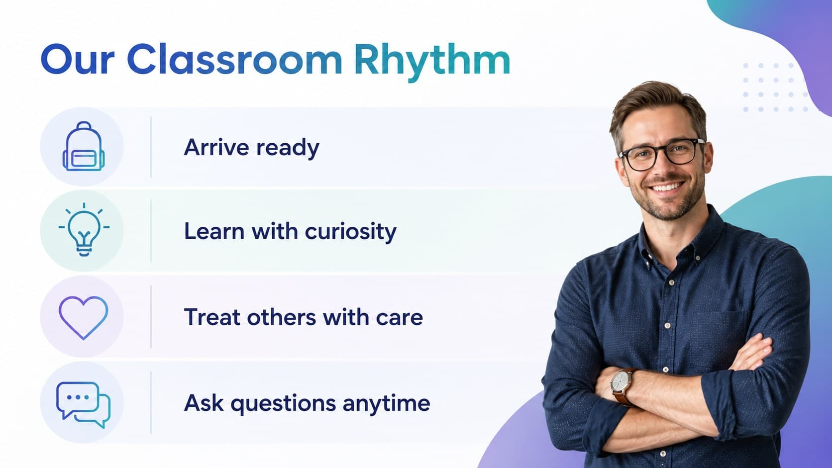 Classroom expectations slide with colorful gradient panels for routines, communication, and a positive learning environment.