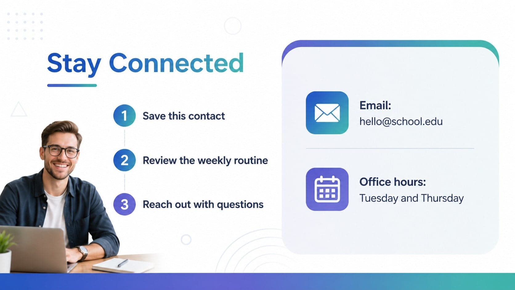 Family communication slide in an educator profile deck featuring contact details, office hours, and first-week reminders.