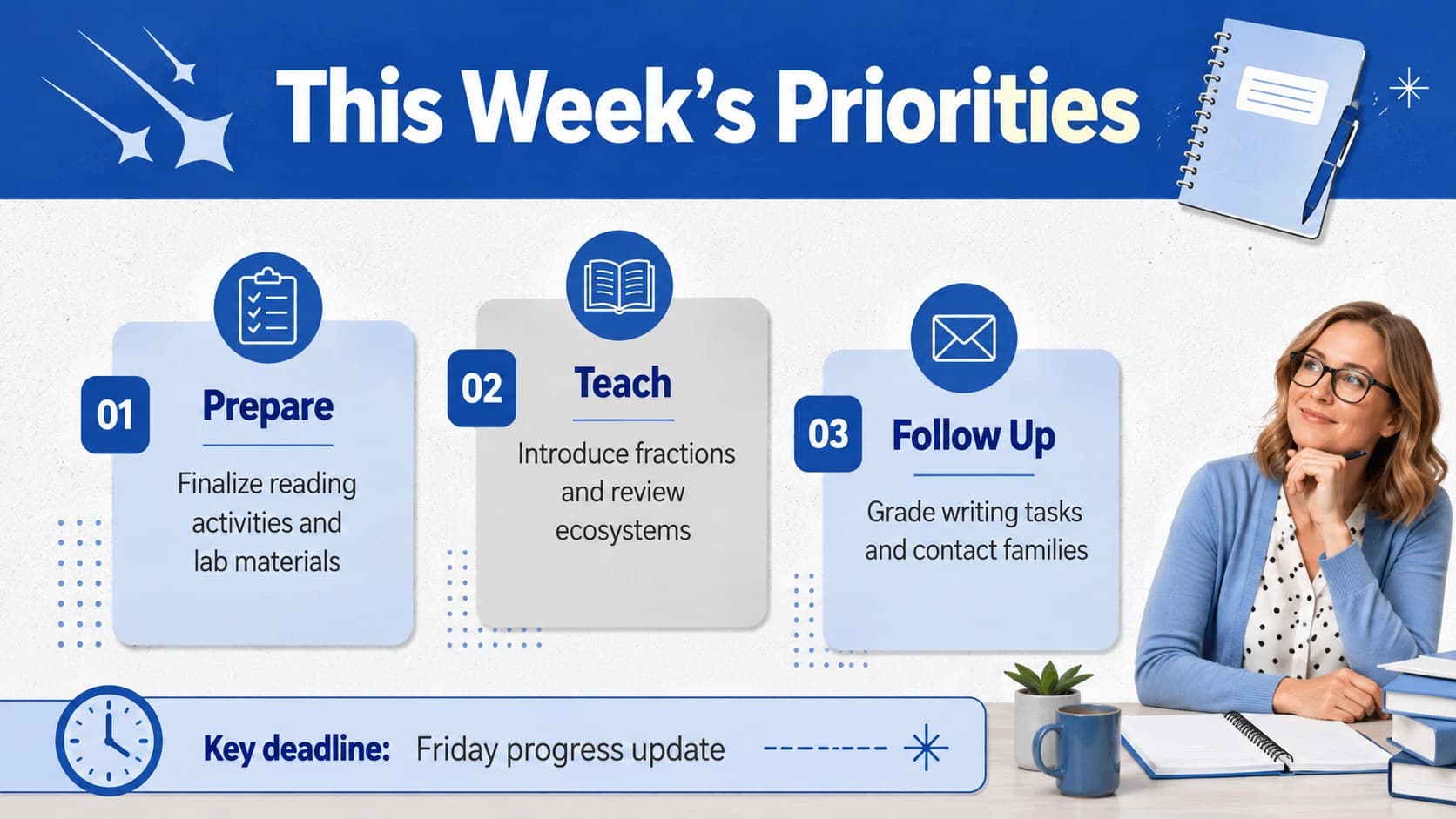 Weekly teacher planning presentation with three priority columns, deadlines, and a pastel blue checklist.
