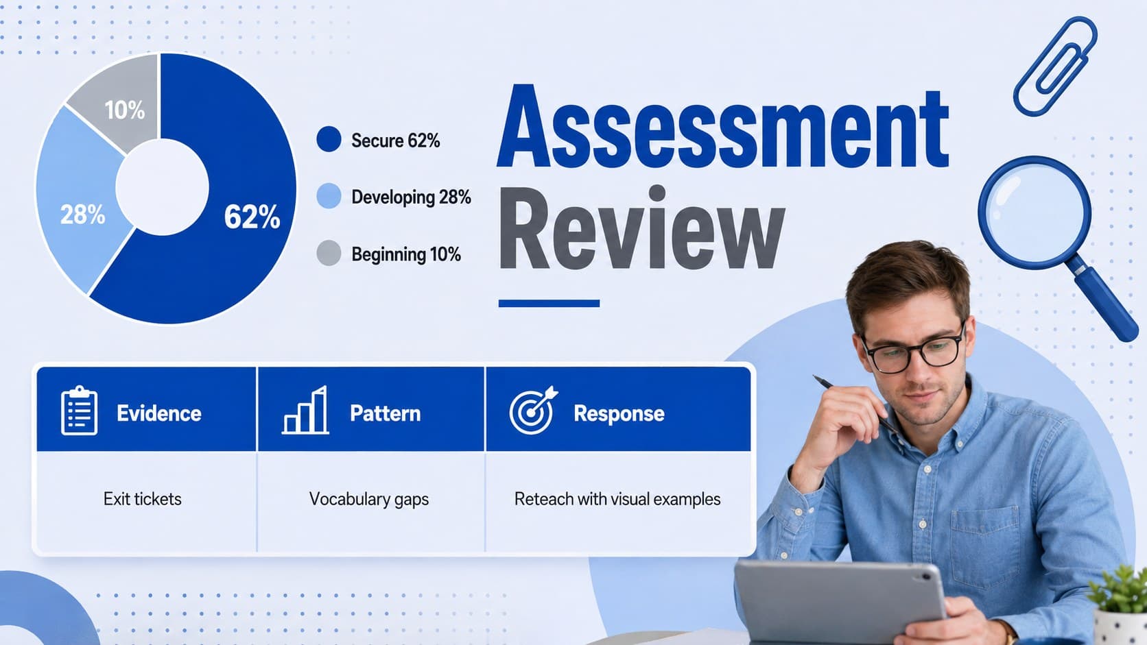 Assessment review slide featuring a donut chart, evidence summary, and instructional response.