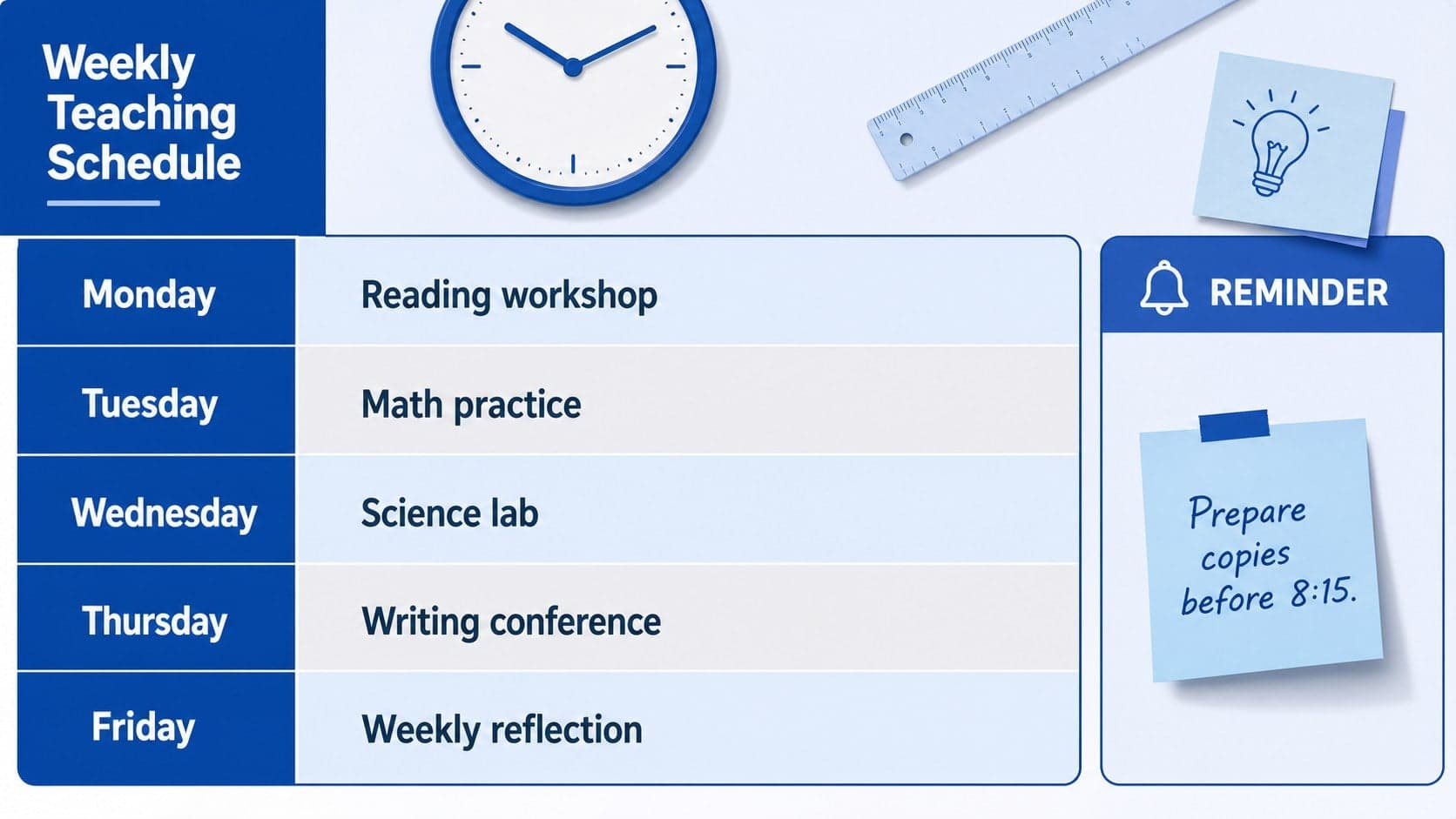 Editable classroom organization template showing a Monday-to-Friday teaching schedule.