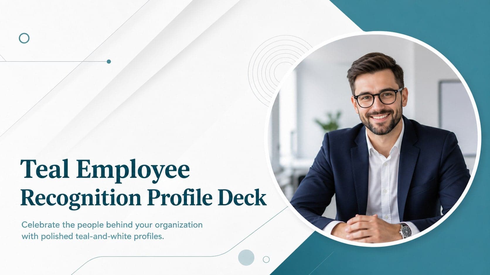 Cover of a teal employee recognition profile deck featuring a professional staff portrait and clean corporate typography.