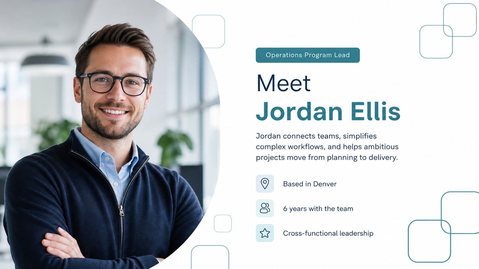 Professional staff profile template introducing a featured employee with a portrait, role, location, and short biography.