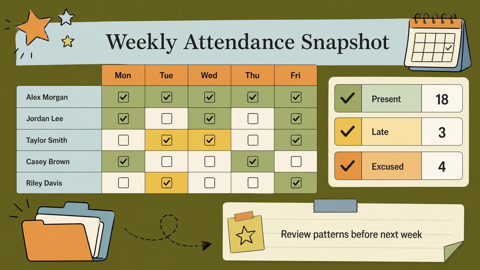 Weekly attendance record slide organizing several sessions with color-coded presence totals and notes.