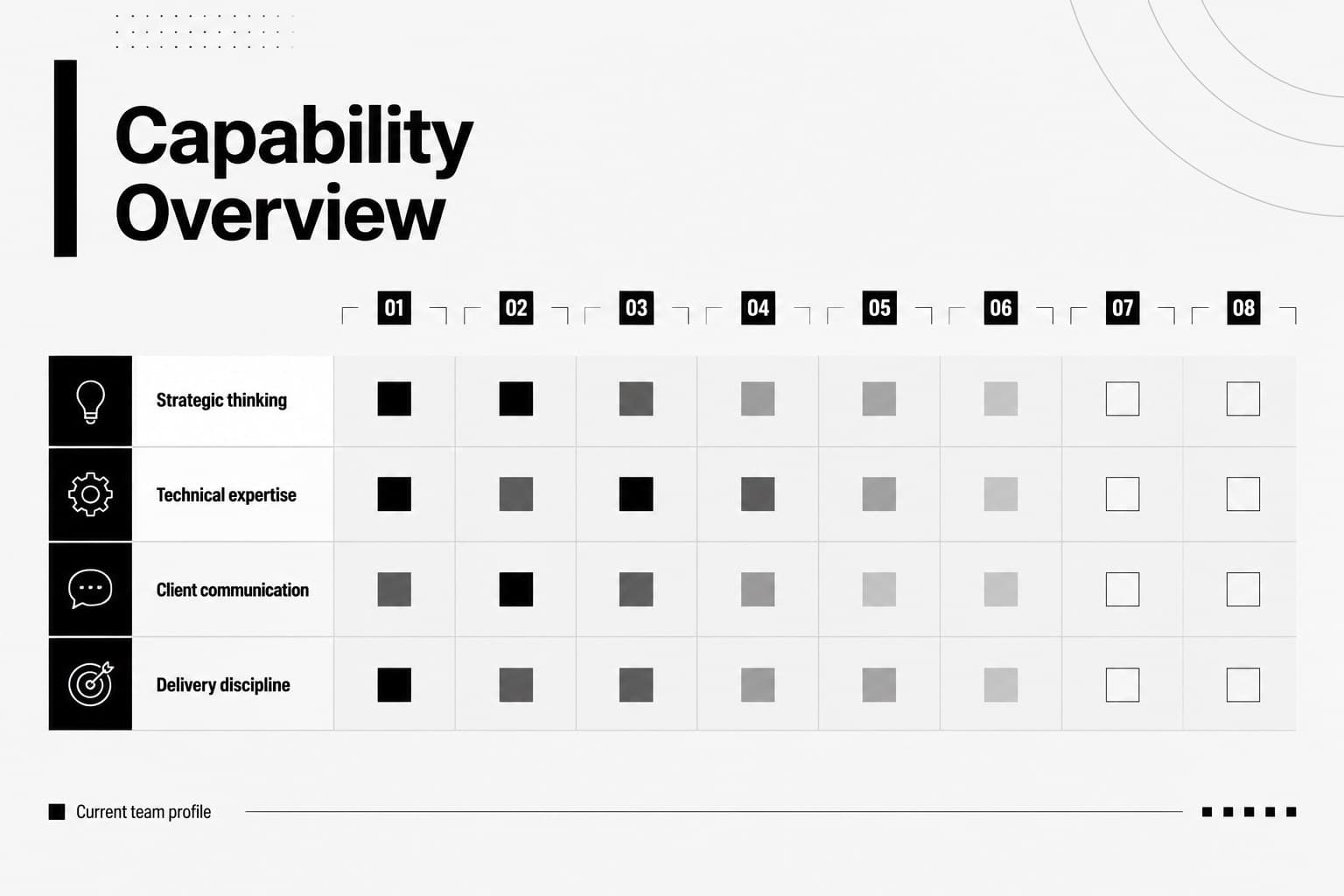 Capability overview slide showing team skill categories and proficiency levels in a monochrome matrix layout.