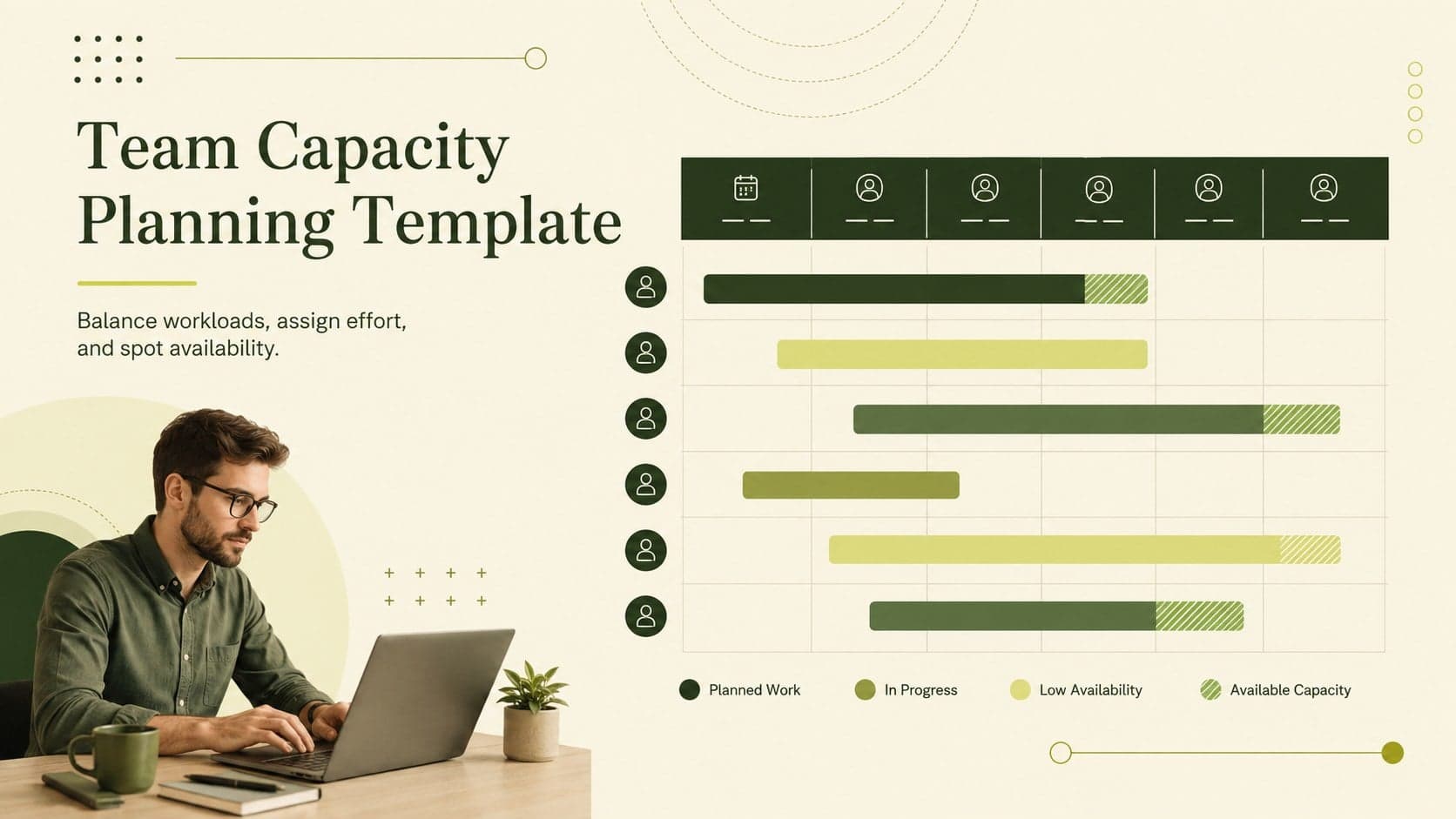 Cover slide for a team capacity planning template with a calm green and beige professional layout.