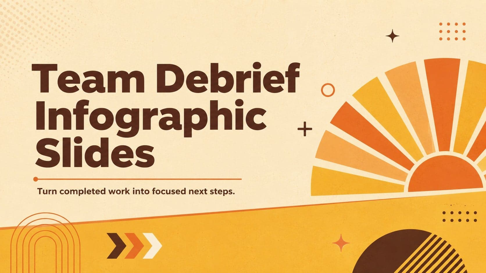 Cover for Team Debrief Infographic Slides featuring bold orange and yellow retro shapes around a structured project review title.