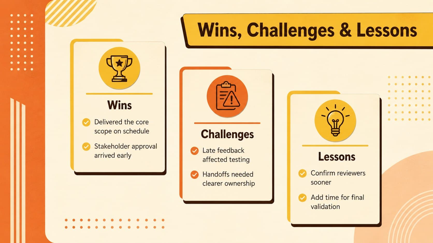 Project review infographic organizing team wins, challenges, and lessons learned in three colorful retro sections.