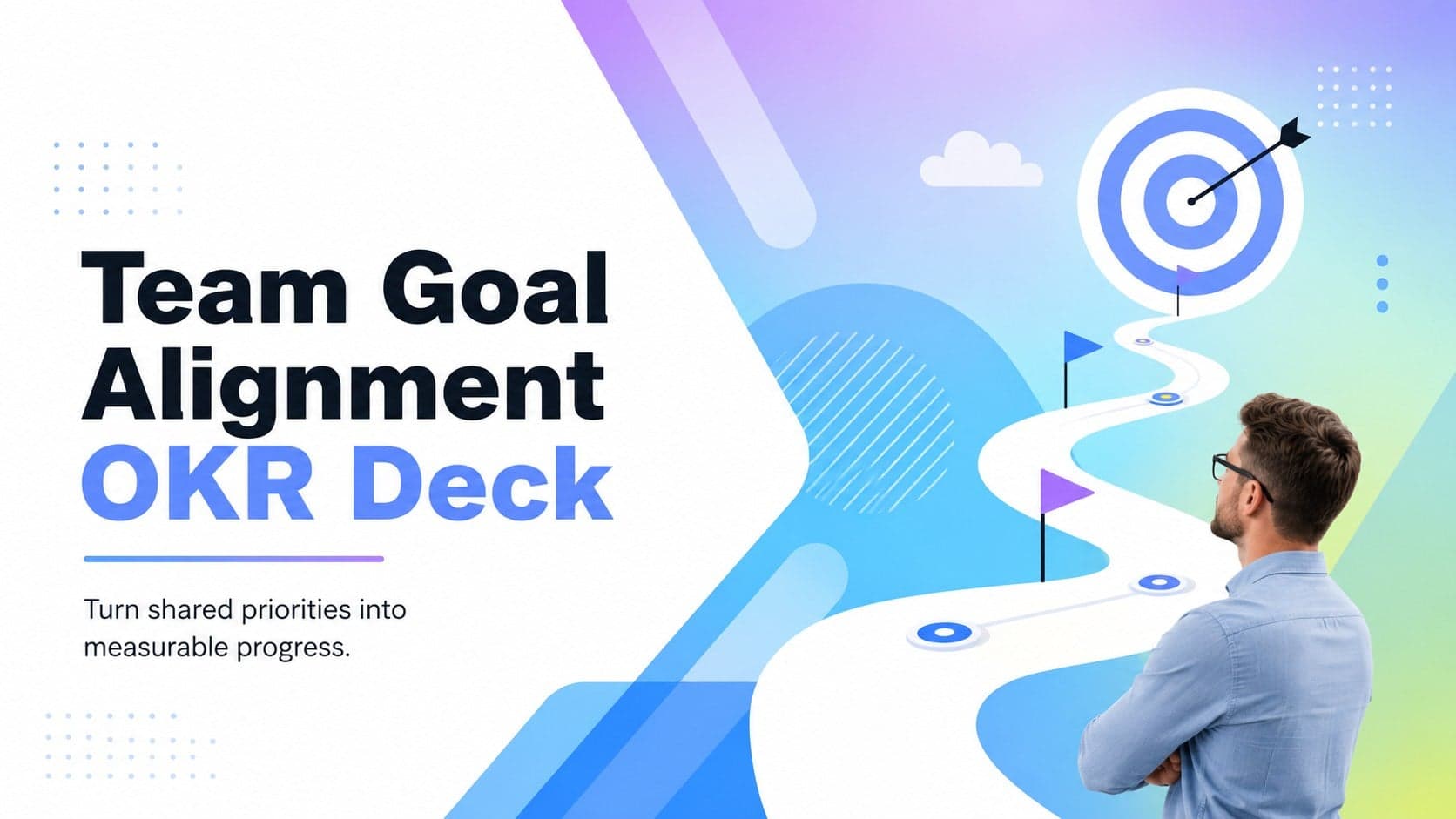 Cover of the Team Goal Alignment OKR Deck with bold typography and soft pastel gradient graphics.