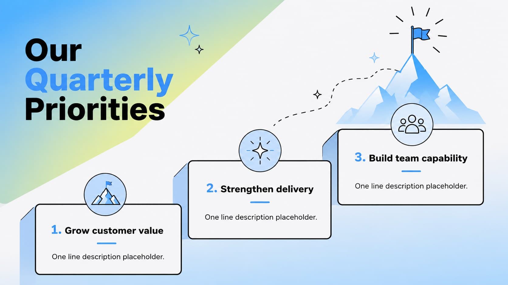 Team goal alignment template slide presenting three strategic priorities for the quarter.