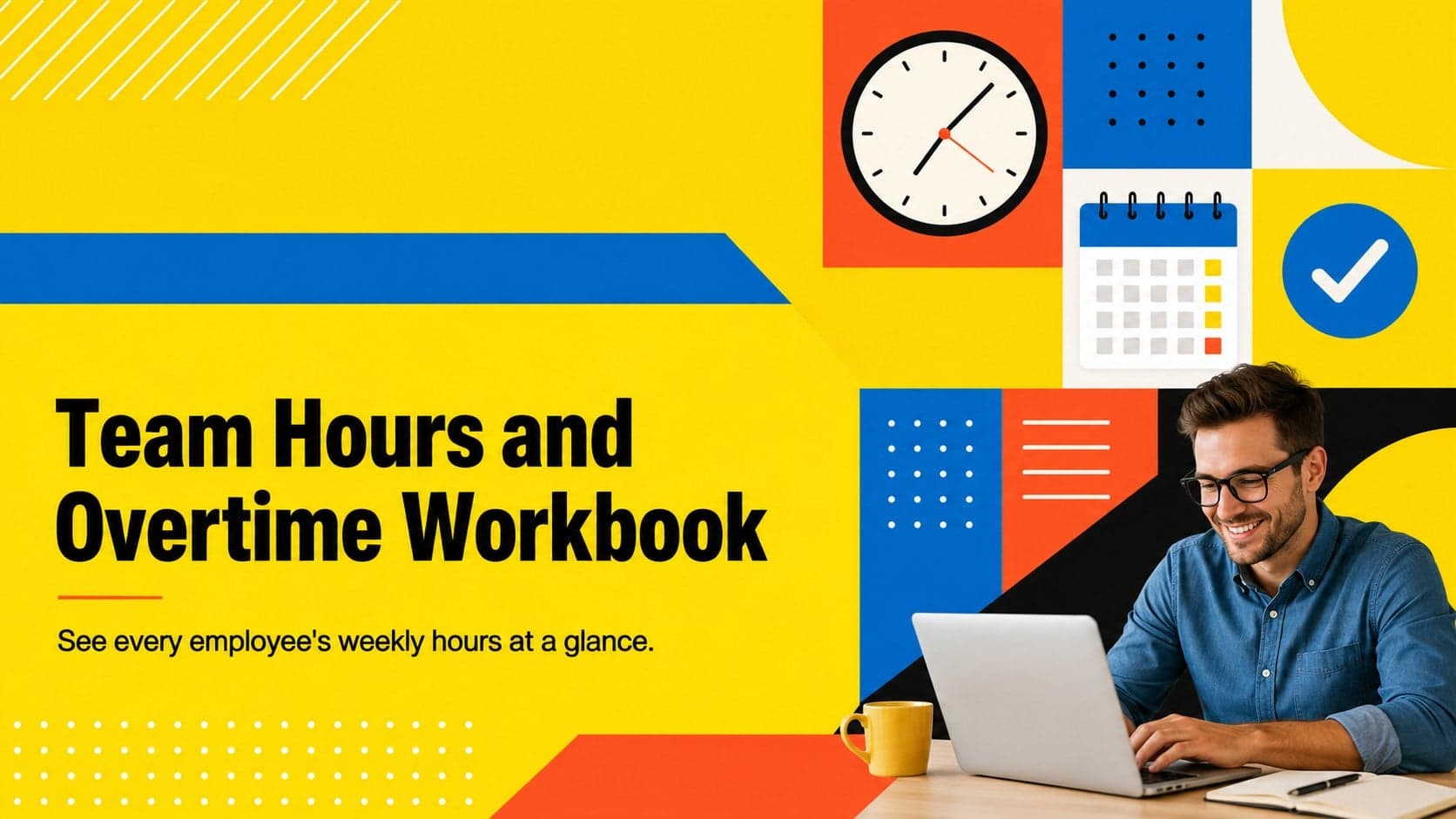 Bright yellow cover for a team hours and overtime workbook with a modern employee scheduling theme.