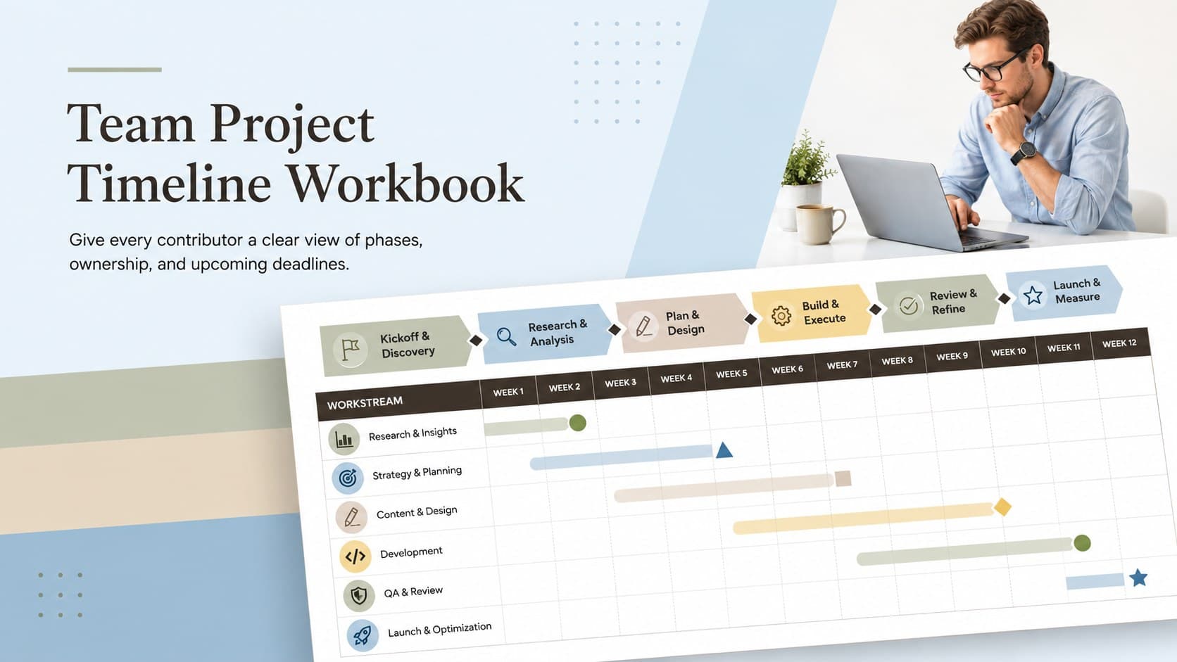 Cover for the Team Project Timeline Workbook with an elegant pastel project planning grid and milestone accents.