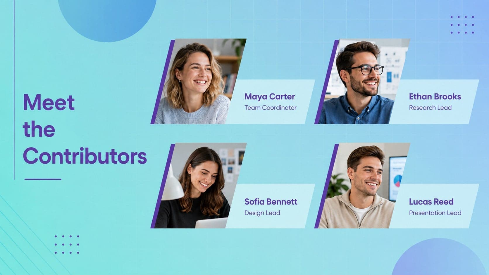 Contributor roster slide showing four editable team profiles with names and project roles.